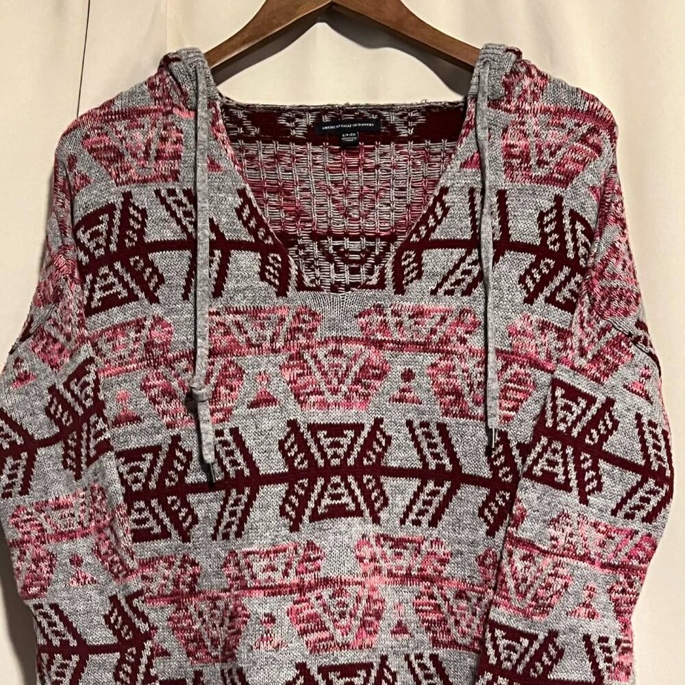 American Eagle Hooded Sweater Grey Cranberry Pink 100% Cotton Size S - Picture 2 of 14